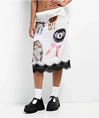 Basic Pleasure Mode Lace Print Satin White Midi Skirt