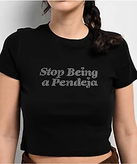 Bella Dona Stop Being A Pendeja Rhinestone Black Crop T-Shirt