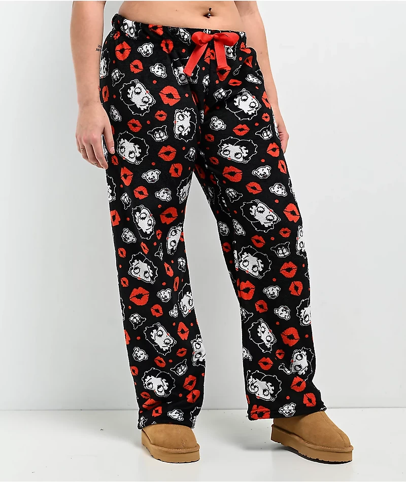 Betty Boop Kisses Black & Red Plush Lounge Pants