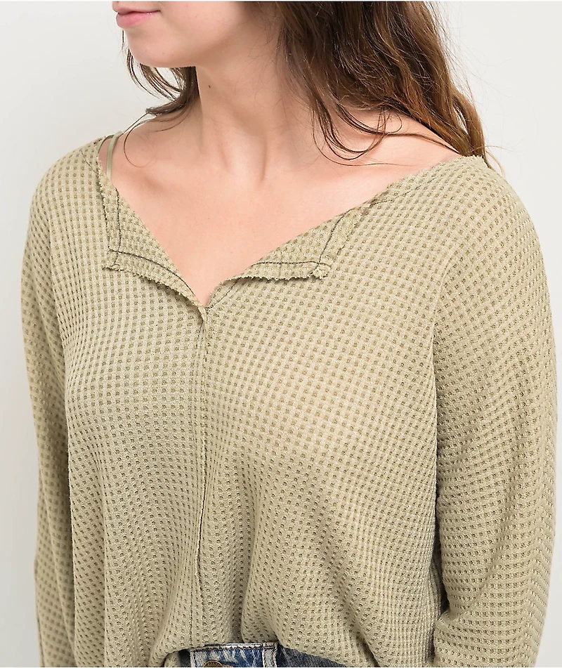 Blu Pepper Waffle Knit Split Neck Beige Long Sleeve T-Shirt