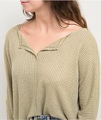 Blu Pepper Waffle Knit Split Neck Beige Long Sleeve T-Shirt