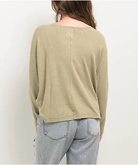 Blu Pepper Waffle Knit Split Neck Beige Long Sleeve T-Shirt