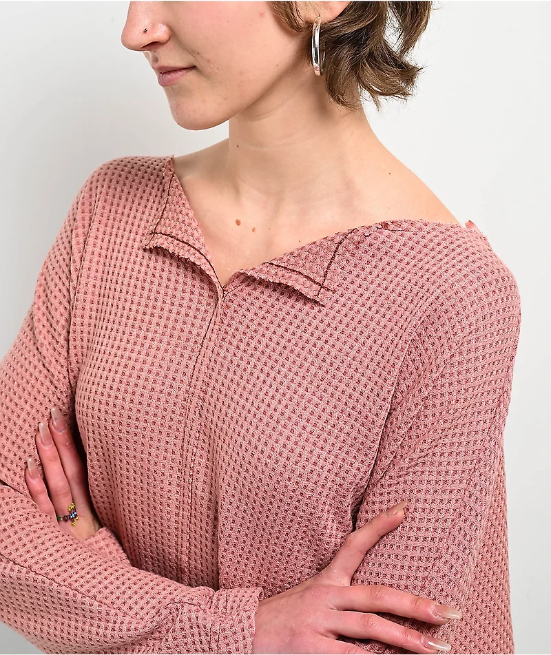 Blu Pepper Waffle Knit Split Neck Pink Long Sleeve T-Shirt