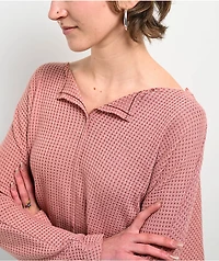 Blu Pepper Waffle Knit Split Neck Pink Long Sleeve T-Shirt
