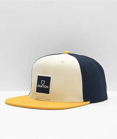 Brixton Alpha Square White, Navy & Yellow Snapback Hat