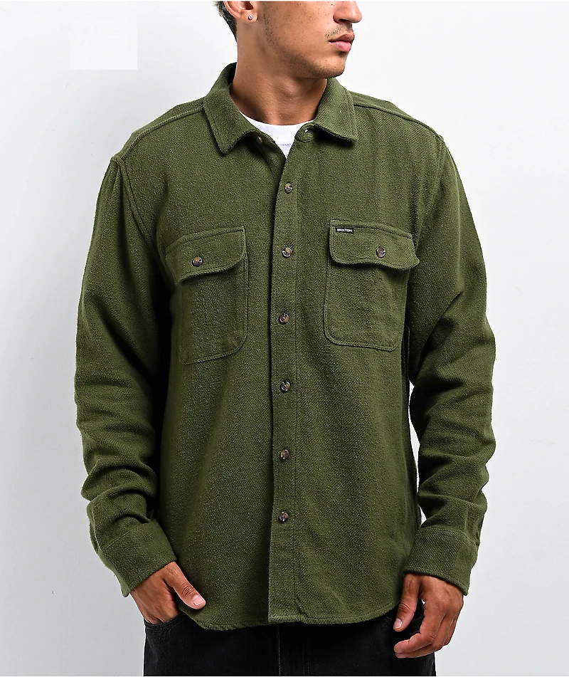 Brixton Bowery Textured Olive Surplus Long Sleeve Button Up Shirt