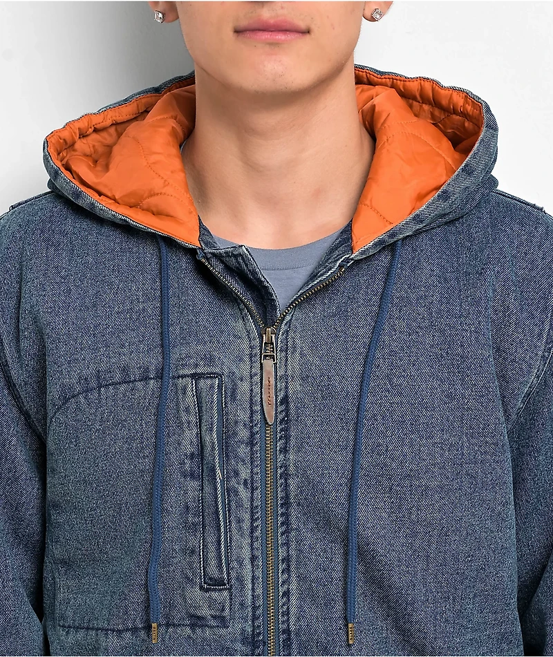 Brixton Builders Zip Hood Blue Denim Jacket