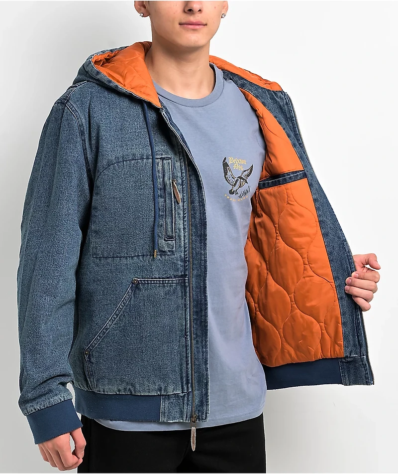 Brixton Builders Zip Hood Blue Denim Jacket