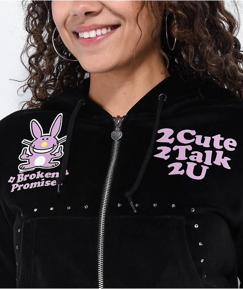 Broken Promises 2Cute Black Velour Crop Zip Hoodie
