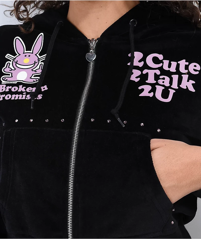 Broken Promises 2Cute Black Velour Crop Zip Hoodie