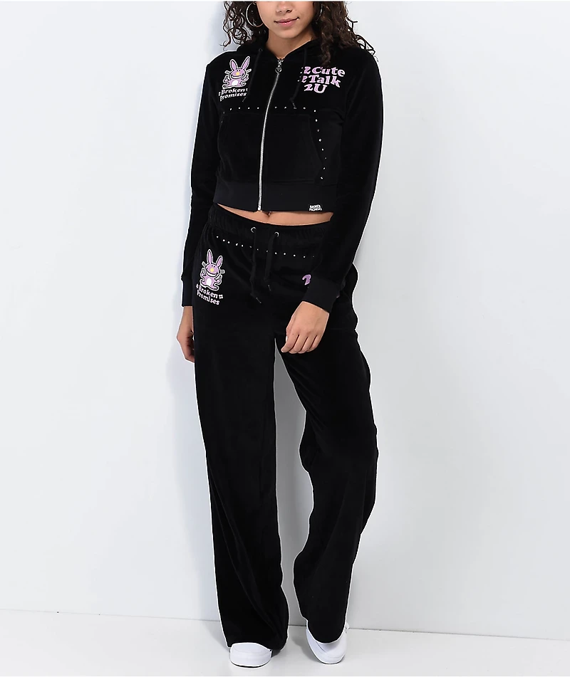 Broken Promises 2Cute Black Velour Crop Zip Hoodie
