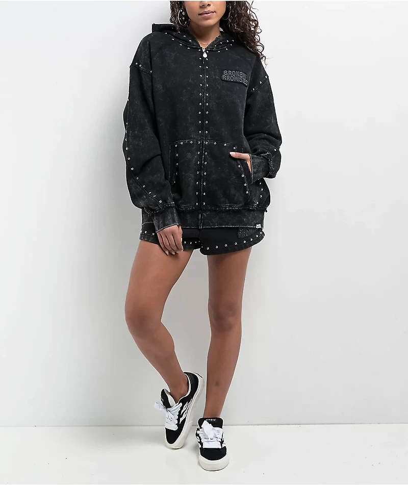 Broken Promises Adorned Black Wash Zip Hoodie