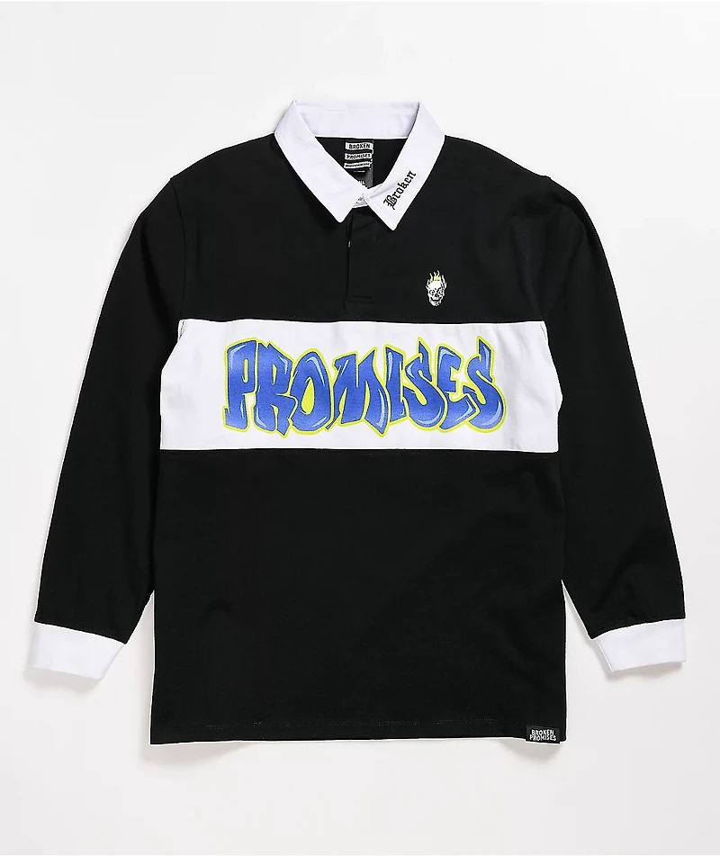 Broken Promises Airbrush Oversized Black Long Sleeve Polo Shirt