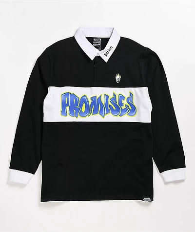 Broken Promises Airbrush Oversized Black Long Sleeve Polo Shirt