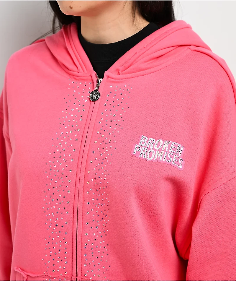 Broken Promises Bougie Rhinestone Pink Zip Hoodie