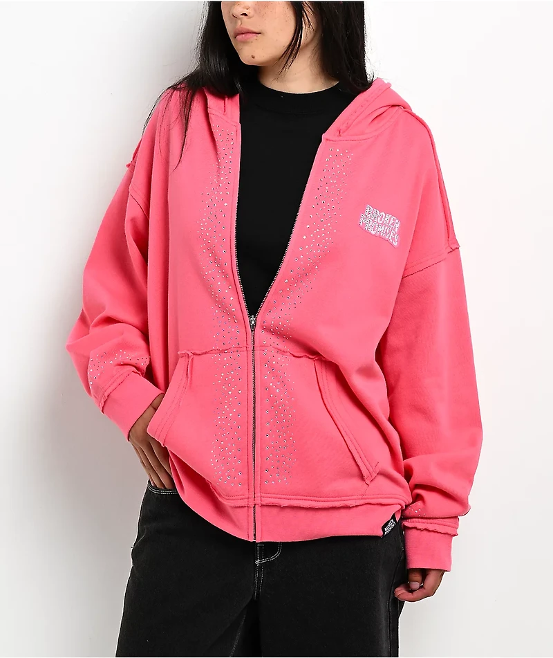 Broken Promises Bougie Rhinestone Pink Zip Hoodie