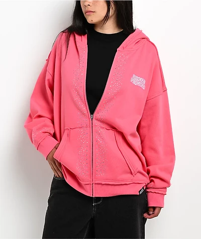 Broken Promises Bougie Rhinestone Pink Zip Hoodie