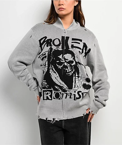 Broken Promises Creeper Grey Zip Sweater