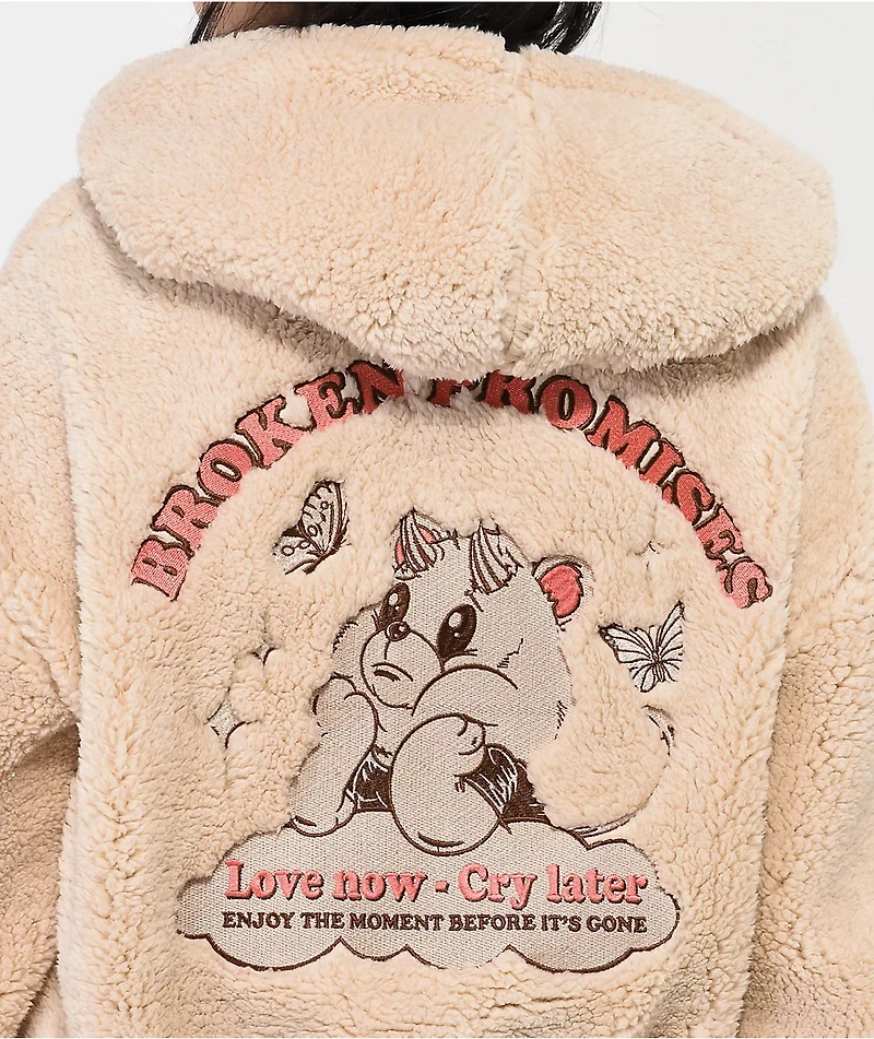 Broken Promises Cry Later Cream Half Zip Crop Tech Fleece Hoodie