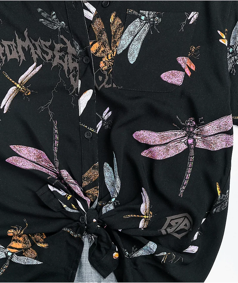 Broken Promises Dragonflies Black Tie Front Short Sleeve Button Up Shirt