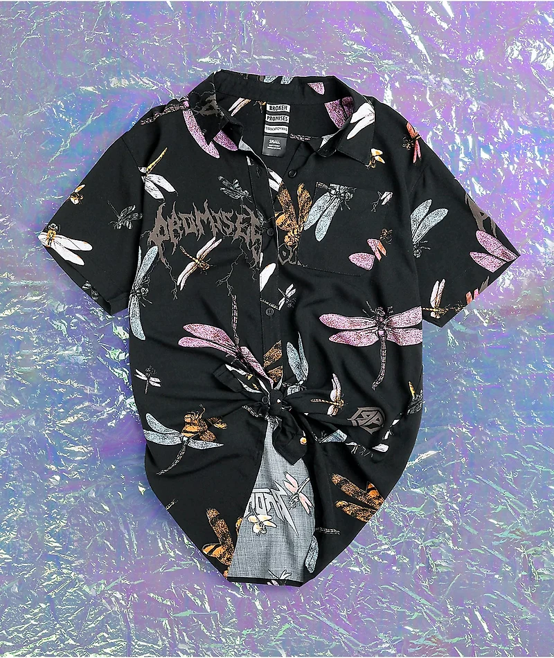 Broken Promises Dragonflies Black Tie Front Short Sleeve Button Up Shirt