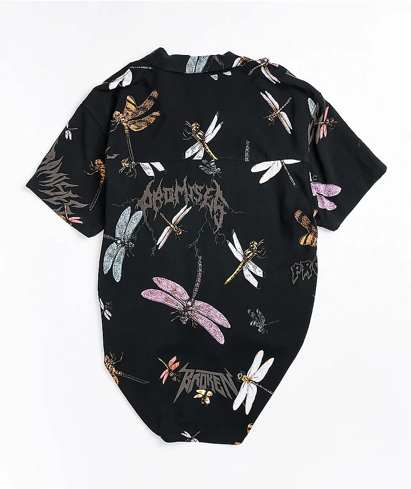 Broken Promises Dragonflies Black Tie Front Short Sleeve Button Up Shirt