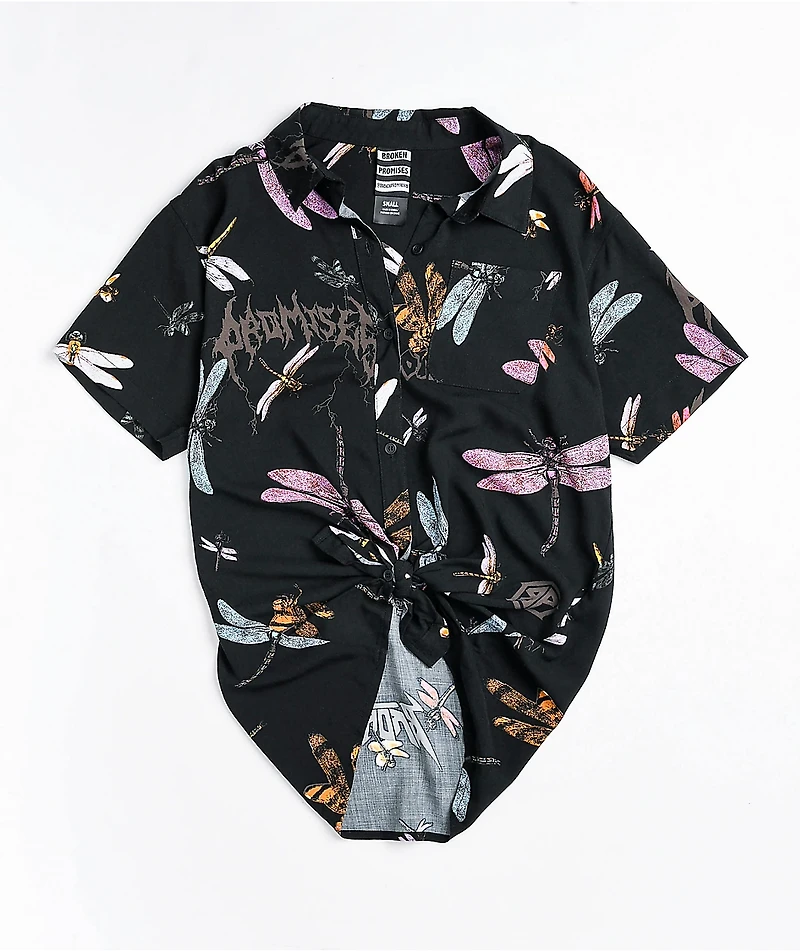 Broken Promises Dragonflies Black Tie Front Short Sleeve Button Up Shirt