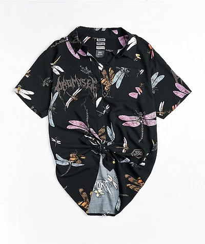 Broken Promises Dragonflies Black Tie Front Short Sleeve Button Up Shirt