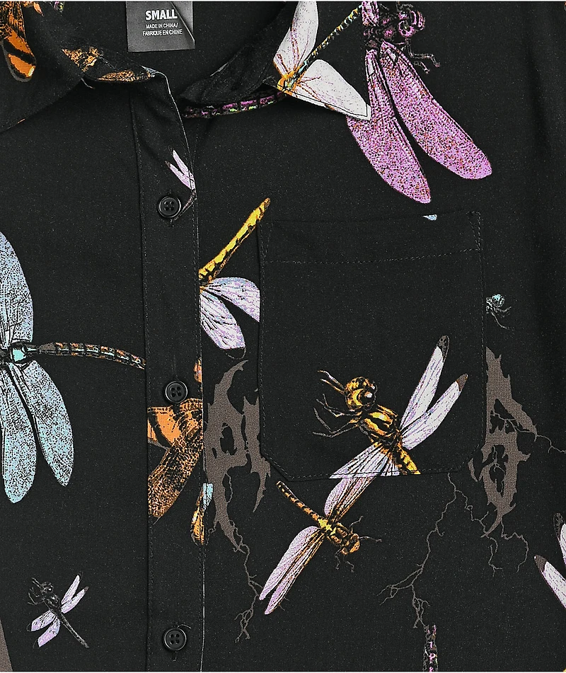 Broken Promises Dragonflies Black Tie Front Short Sleeve Button Up Shirt