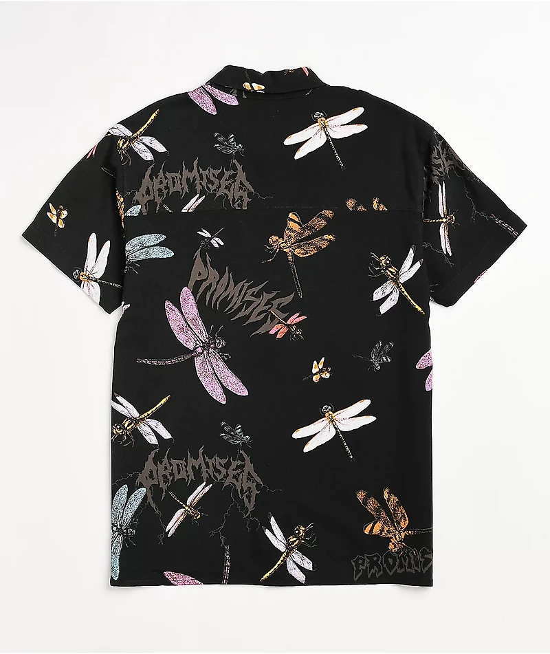 Broken Promises Dragonflies Black Tie Front Short Sleeve Button Up Shirt