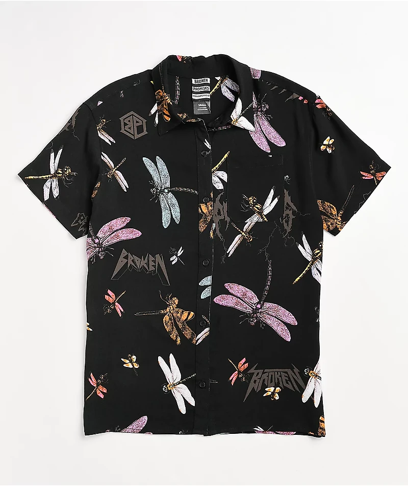 Broken Promises Dragonflies Black Tie Front Short Sleeve Button Up Shirt