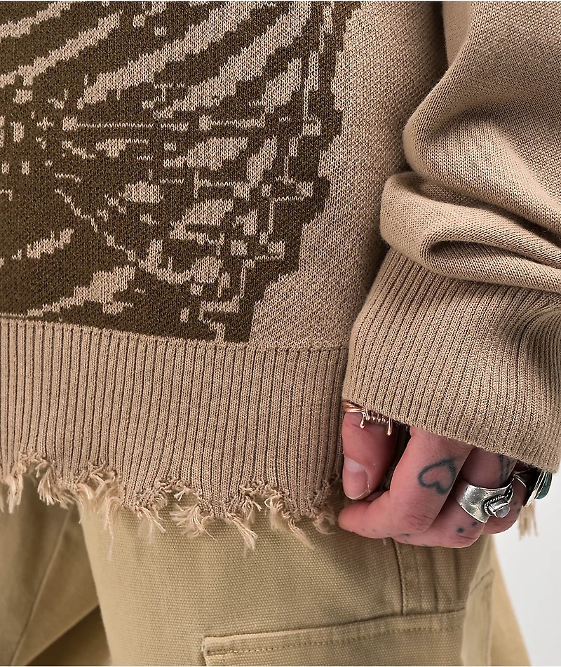 Broken Promises Embrace Distressed Brown Sweater