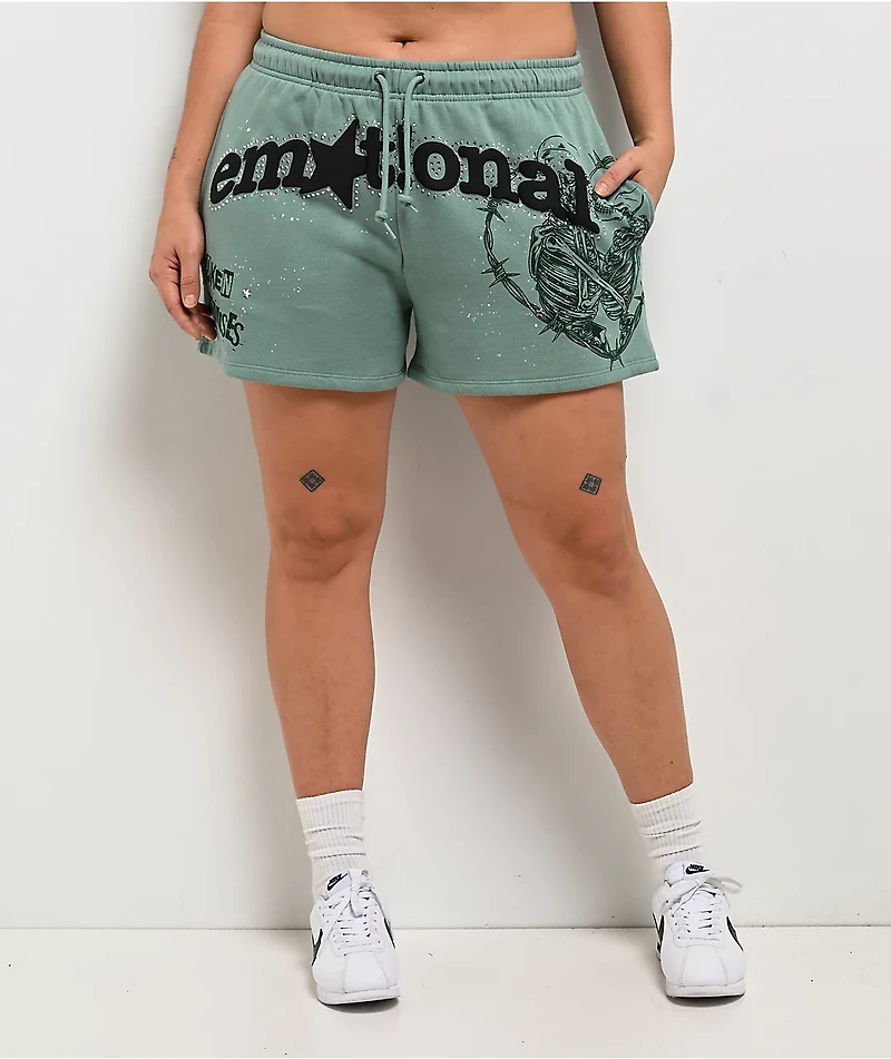 Broken Promises Emotional Embrace Green Sweat Shorts