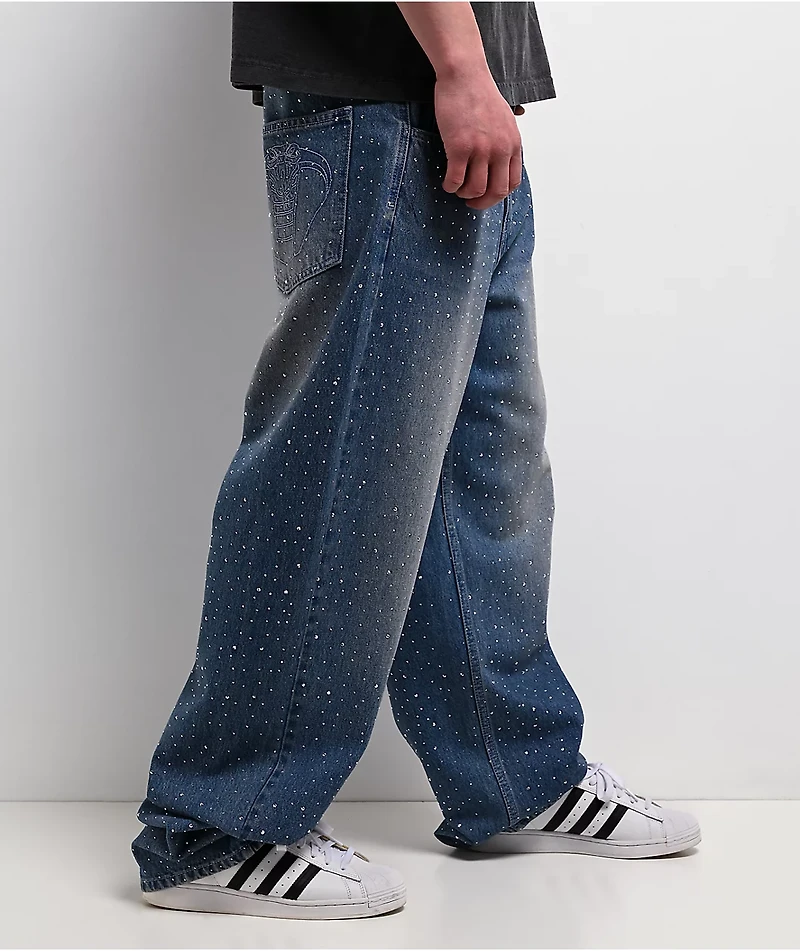 Broken Promises Enamored Rhinestone Blue Wash Loose Fit Jeans