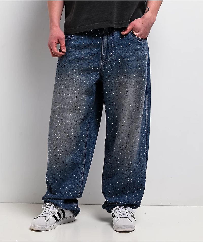 Broken Promises Enamored Rhinestone Blue Wash Loose Fit Jeans