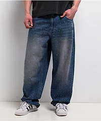 Broken Promises Enamored Rhinestone Blue Wash Loose Fit Jeans