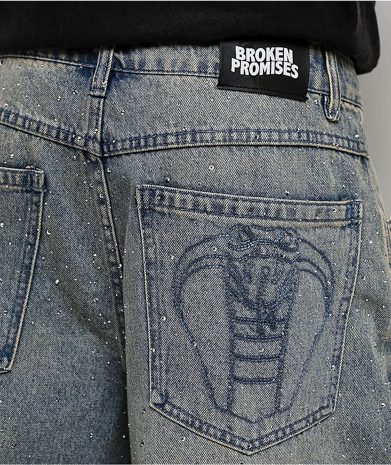 Broken Promises Enamored Rhinestone Light Blue Wash Loose Fit Shorts