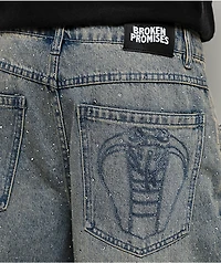 Broken Promises Enamored Rhinestone Light Blue Wash Loose Fit Shorts