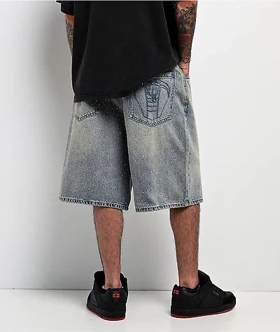 Broken Promises Enamored Rhinestone Light Blue Wash Loose Fit Shorts