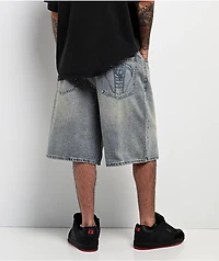 Broken Promises Enamored Rhinestone Light Blue Wash Loose Fit Shorts