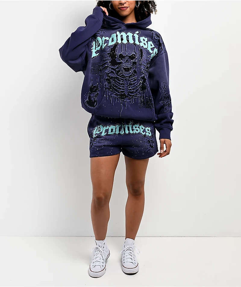 Broken Promises Endless Rhinestone Blue Wash Sweat Shorts