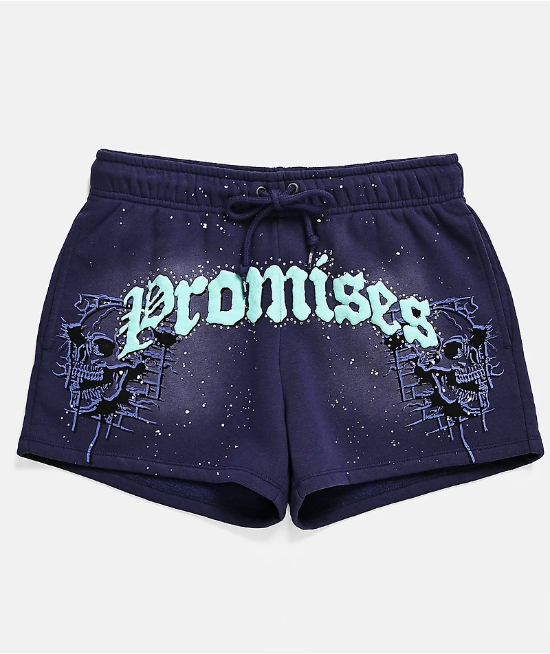 Broken Promises Endless Rhinestone Blue Wash Sweat Shorts