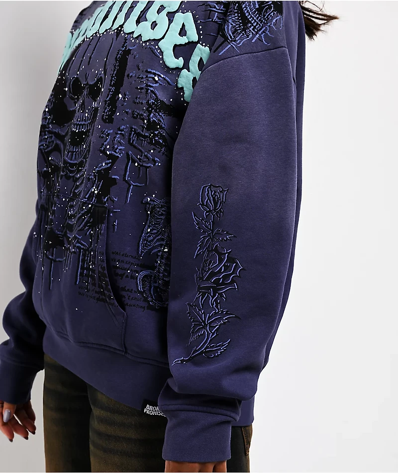 Broken Promises Endless Rhinestoned Navy Wash Hoodie