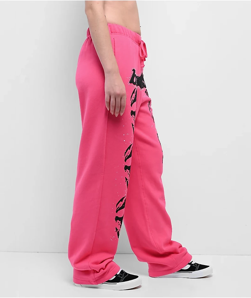 Broken Promises Faceless Rhinestone Pink Wide Leg Sweatpants