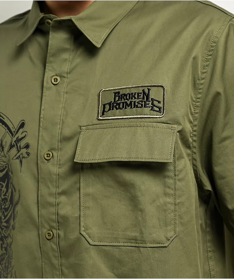 Broken Promises Grim Love Green Short Sleeve Button Up Shirt