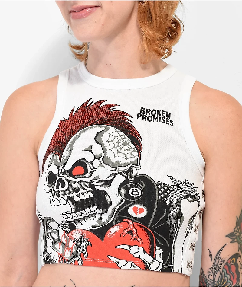 Broken Promises Heartthrob Skull White Crop Tank Top