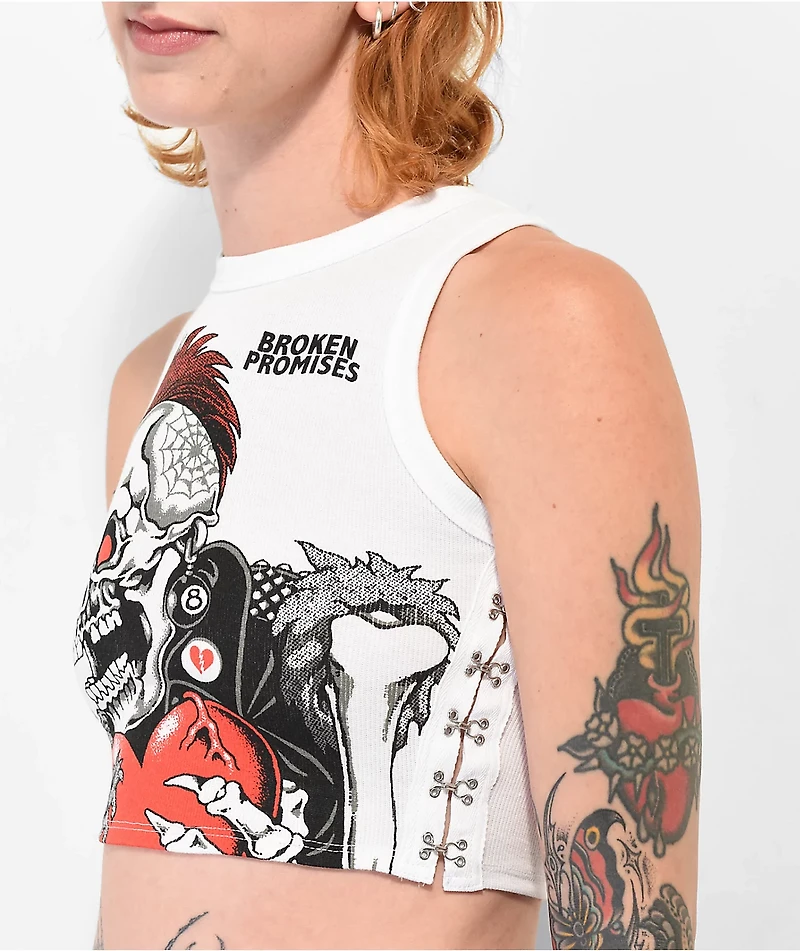 Broken Promises Heartthrob Skull White Crop Tank Top