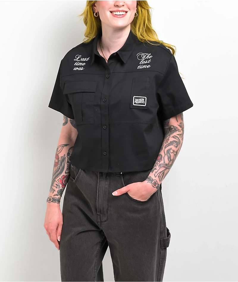 Broken Promises Last Time Black Crop Work Shirt