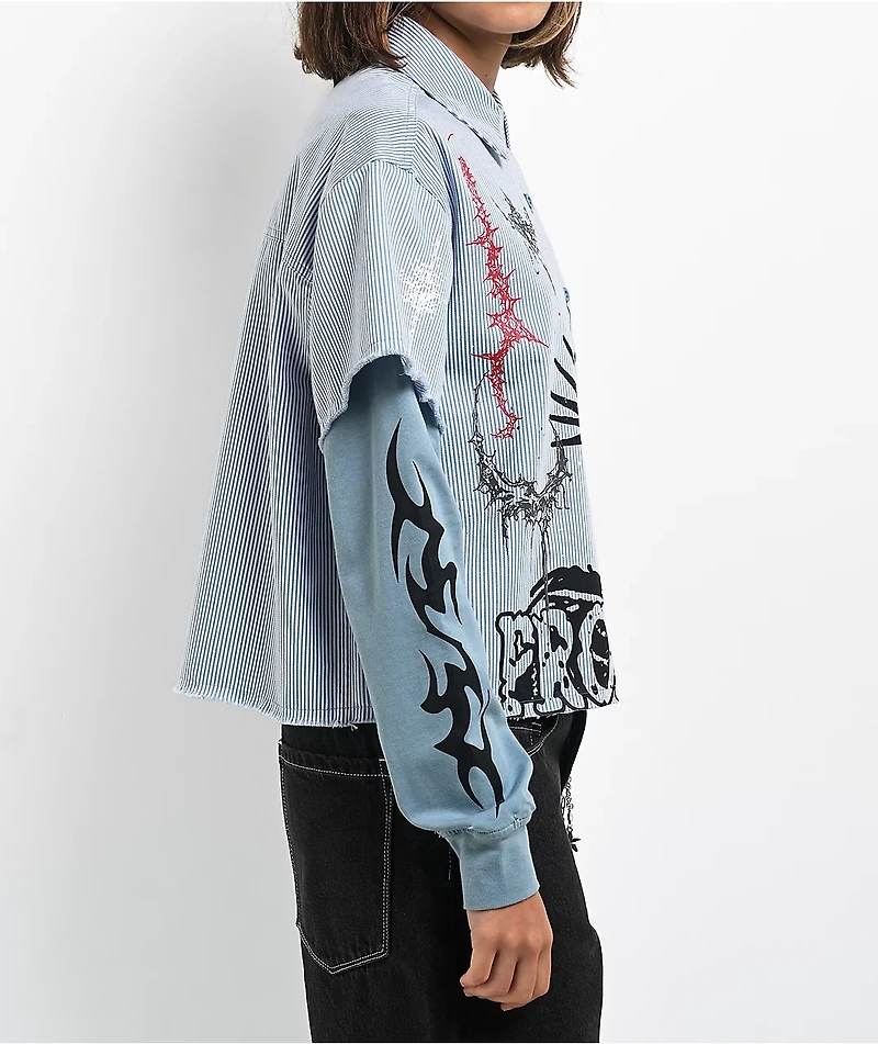 Broken Promises Liberty Blue & White 2fer Long Sleeve Crop Shirt