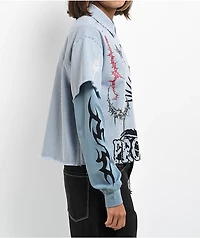 Broken Promises Liberty Blue & White 2fer Long Sleeve Crop Shirt